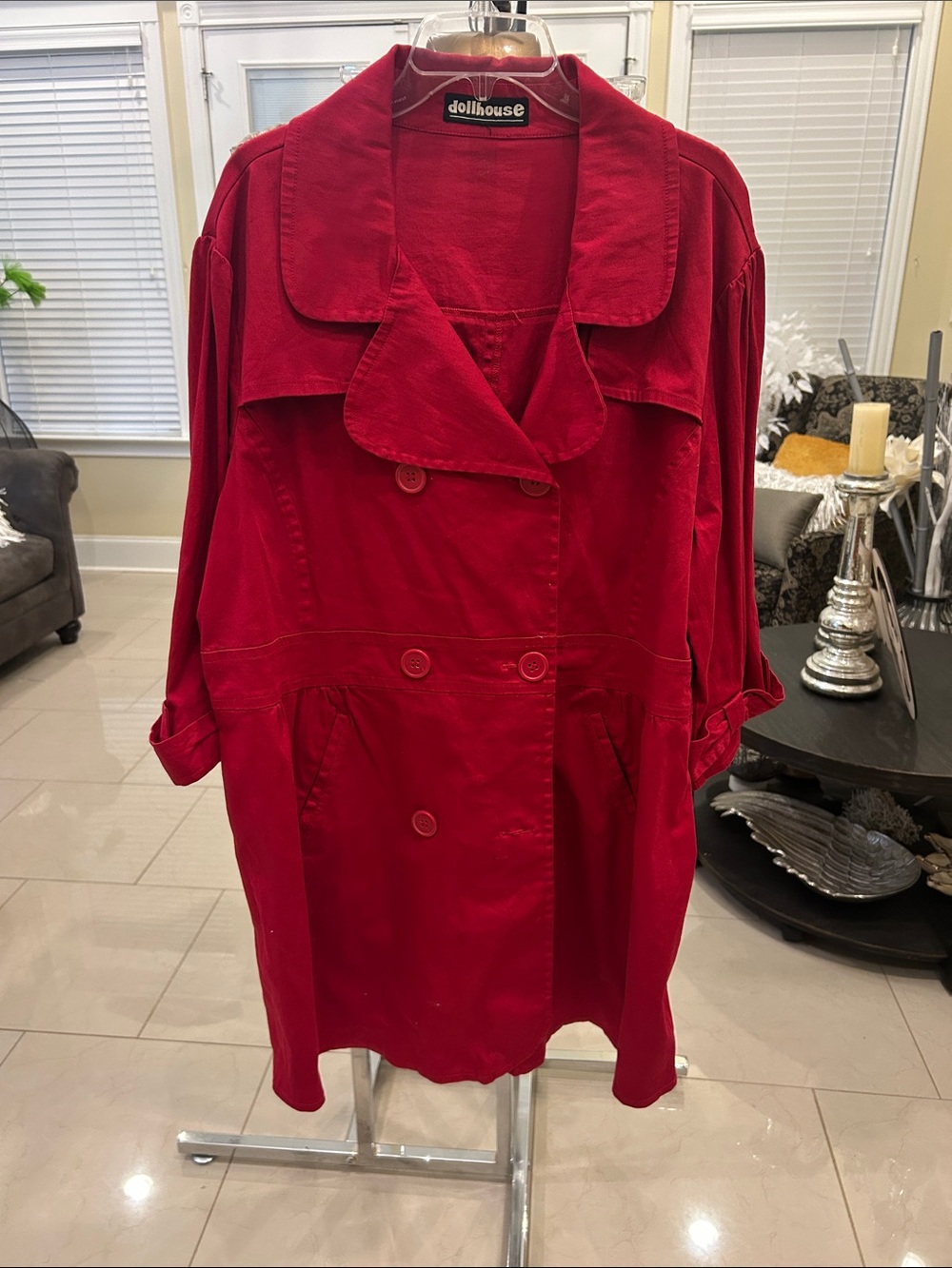 Dollhouse Red Double-Breasted Trench Coat with Wide Collar